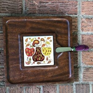 Vintage MCM Styson Serv Wood Hand Carved Hardwood Charcuterie Board & Spreader